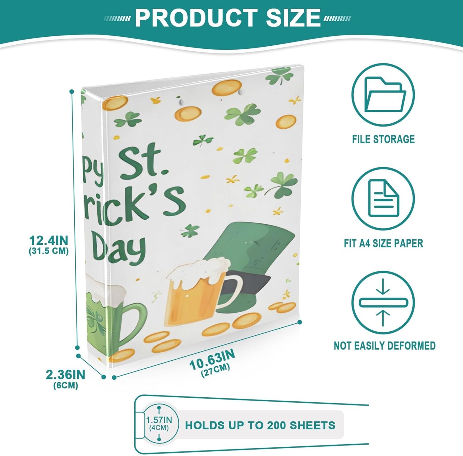 Happy St. Patrick's Day 3 Ring Binders, 1.5” Round Ring Binders with Clipboard - Letter Size, 3 Interior PVC Clear Pockets & Anti-Slip Clip for Office School Supplies, 2PCS