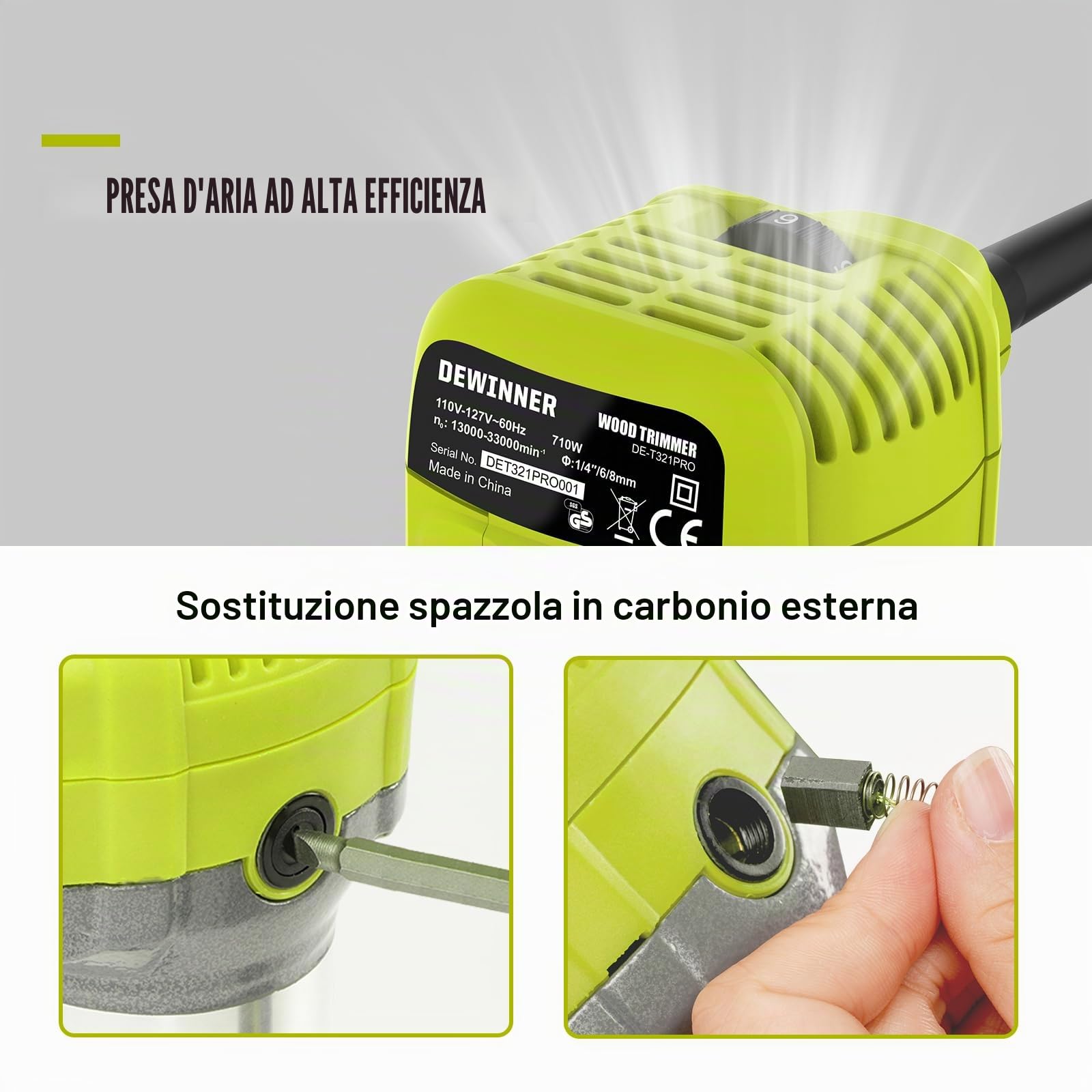 DEWINNER Router Edge Router 710 W 13000 – 33000 RPM, 6 livelli di velocità, 3 morsetti da 1/4" e 8 mm, laminatore professionale con 15 pezzi di taglierino per carburo