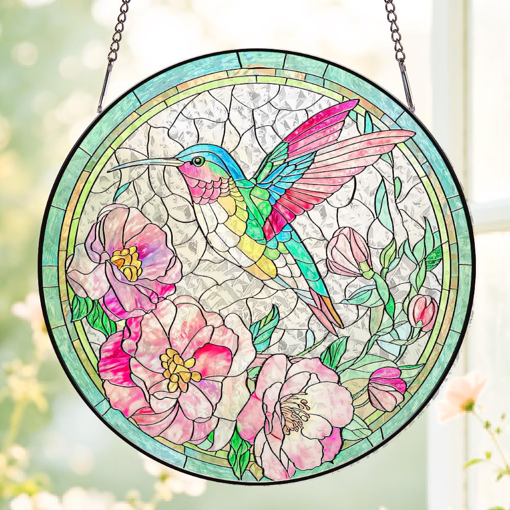 SUPERDANT 1Pc 8Inch/20cm Hummingbird Suncatcher Stained Glass Window Hanging Round Rainbow Maker Colorful Glass Panel Hanging Art For Home Window Decoration Gift Ready