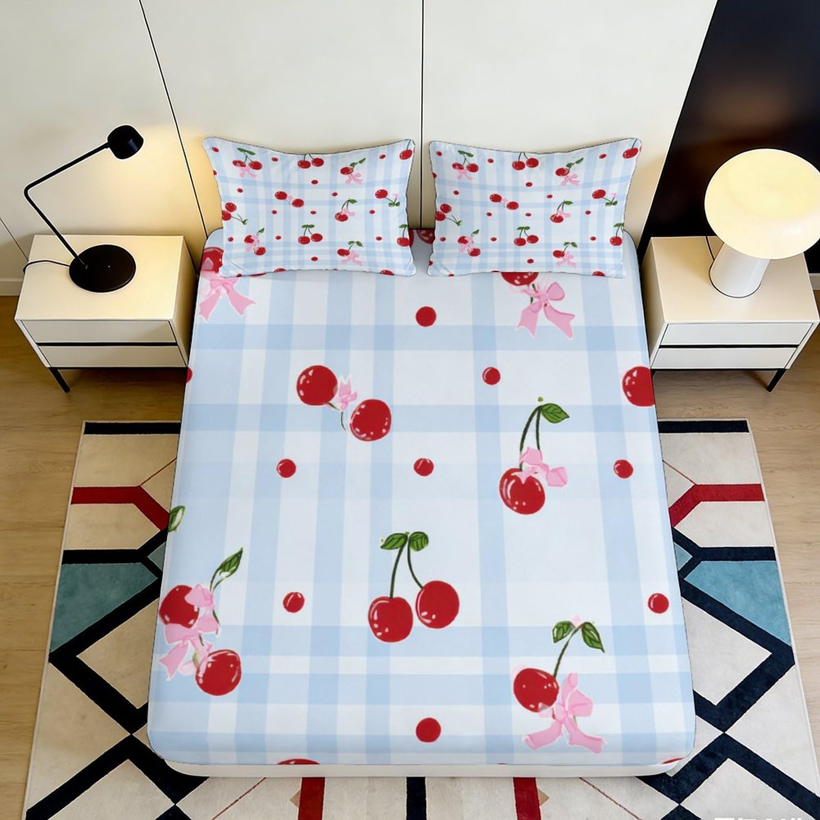 Pnayamiorkfel Style-2 3D Printed Cherry Plaid Fitted Sheet Microfiber Soft Anti-Slip Bed Cover For Bedroom Guest Room Decor Easy Care 90X200x25cm
