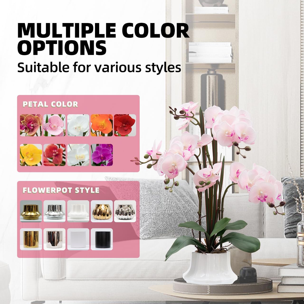 CXGS Artificial Orchid Flower Plant 20.9'' Real Touch Faux Orchids in Ceramic Vase Pink Fake Phalaenopsis Flower Arrangement Silk Orchids with Stems for Centerpiece Table Home Indoor Decor