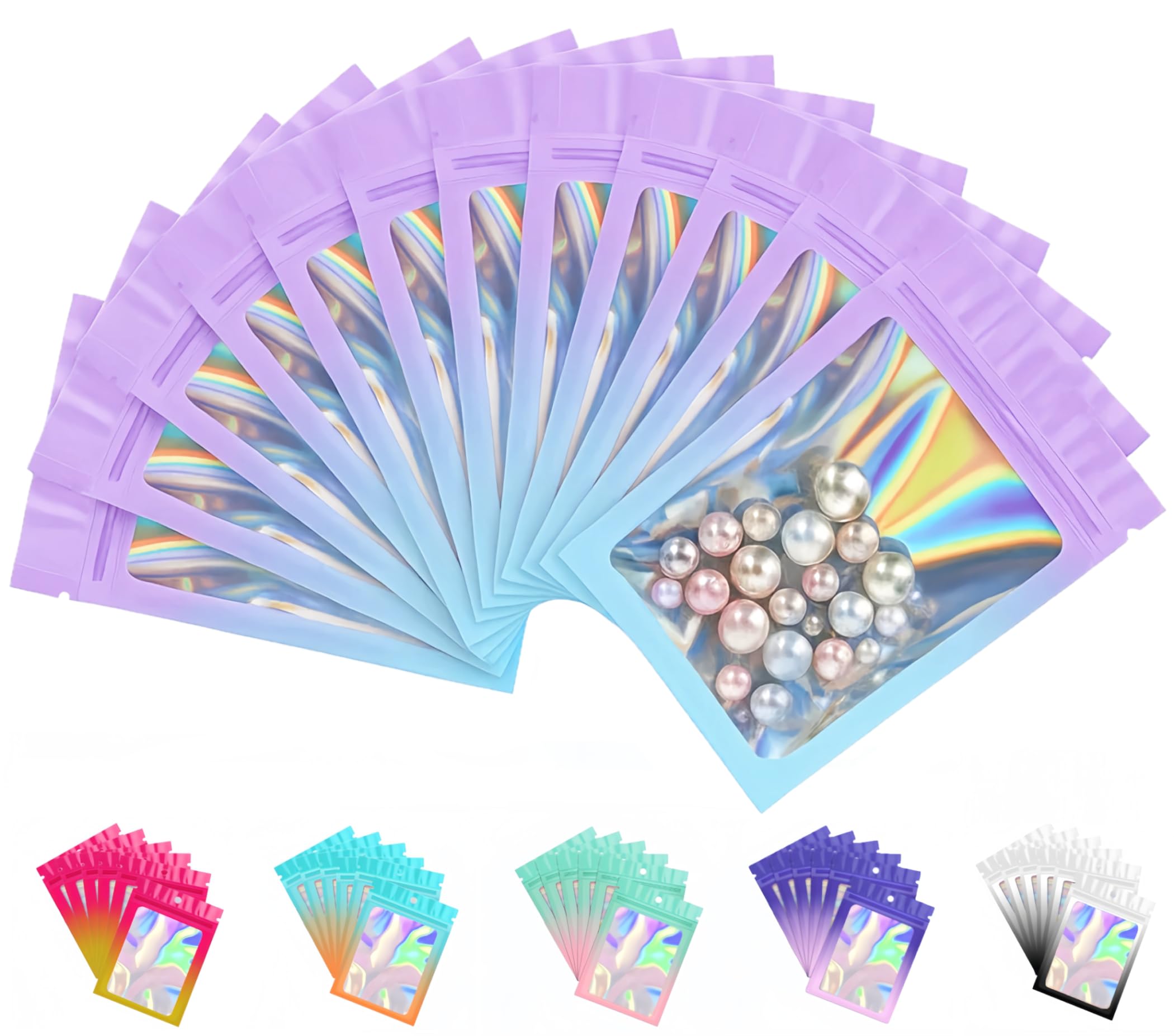 Plaphy 100-Pack Resealable Holographic Mylar Bags with Clear Window, Ziplock Sample Bags, Aluminium Foil-Lined Pouches with Hang Hole for Food Storage & Accessories (Blue and Purple, 2.95 x 4.7 in)