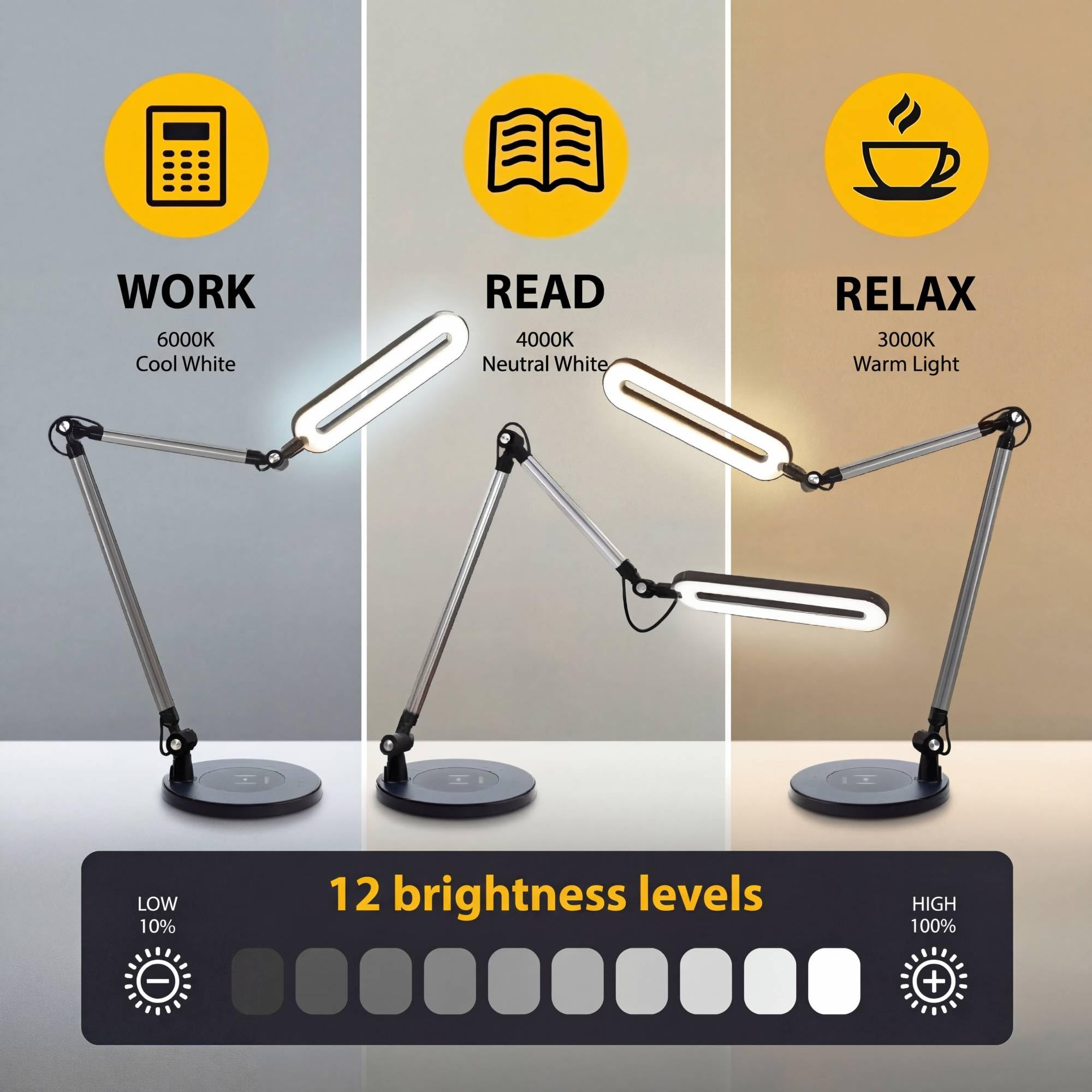 Lampada da Scrivania OTUS con Ricarica Wireless | 3 Colori & 12 Livelli di Luminosità | Lampada LED da Tavolo con Braccio Regolabile | Luce per Ufficio, Studio, Lettura, Videoconferenze