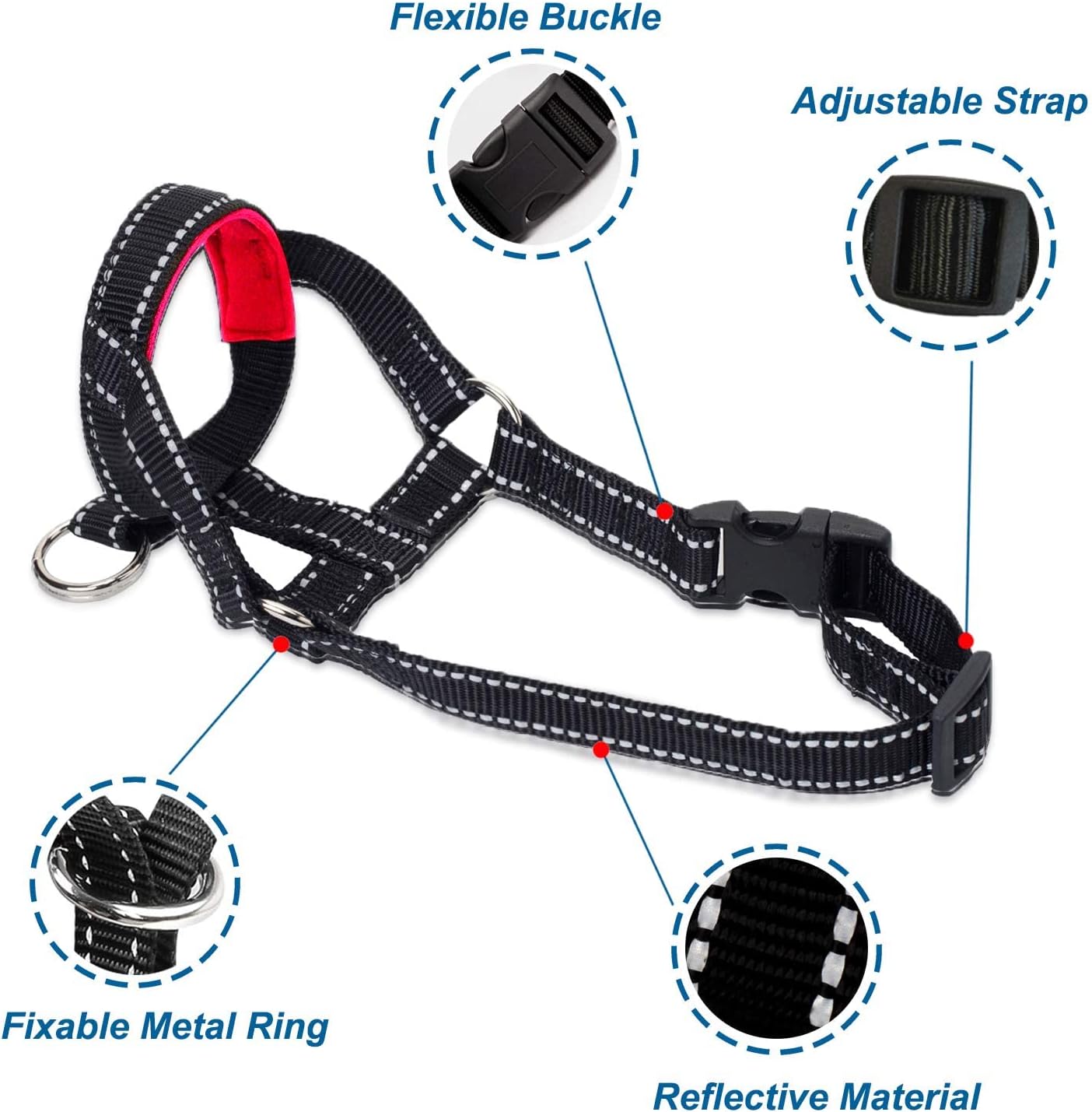 Dog Head Halter with Reflective Safety Strap Stop Dog's Pulling, Dog Head Collar for Small Medium Large Dogs(M,Red)