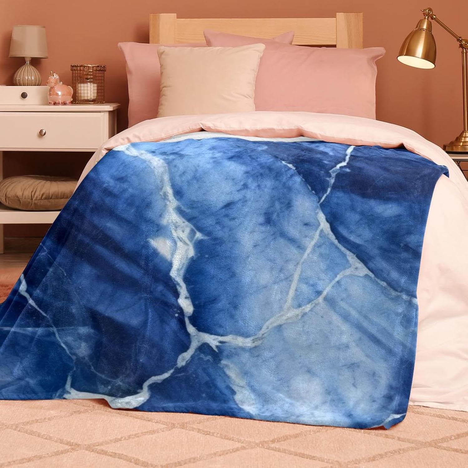 ブランケット-マイクロファイバー軽量ぬいぐるみリバーシブルスローブランケット-アクアグリーンとホワイト、ブランケット 女性用スローブランケット、カウチブランケット&amp;スロー、ブルーマーブル抽象テクスチャ、59x51インチ