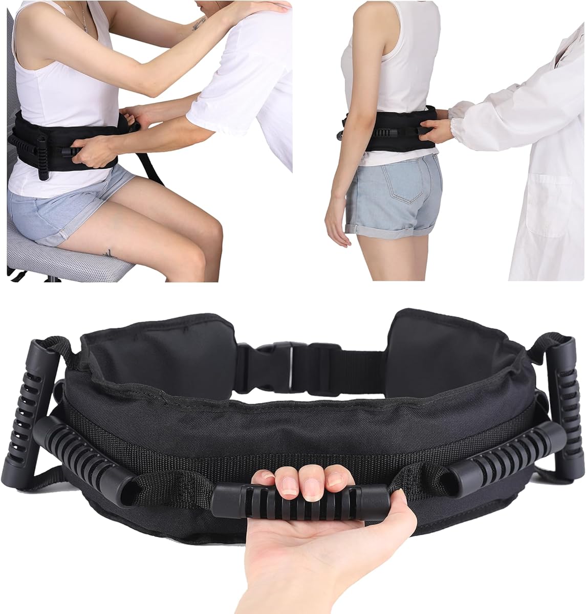 Gait Belt for Seniors, Transfer Belt with 7 Nylon Padded Handles, Medical Belt for Lifting Patients, Safety Gait Belt for Elderly Easy to Use Quick Release Buckle (Black)