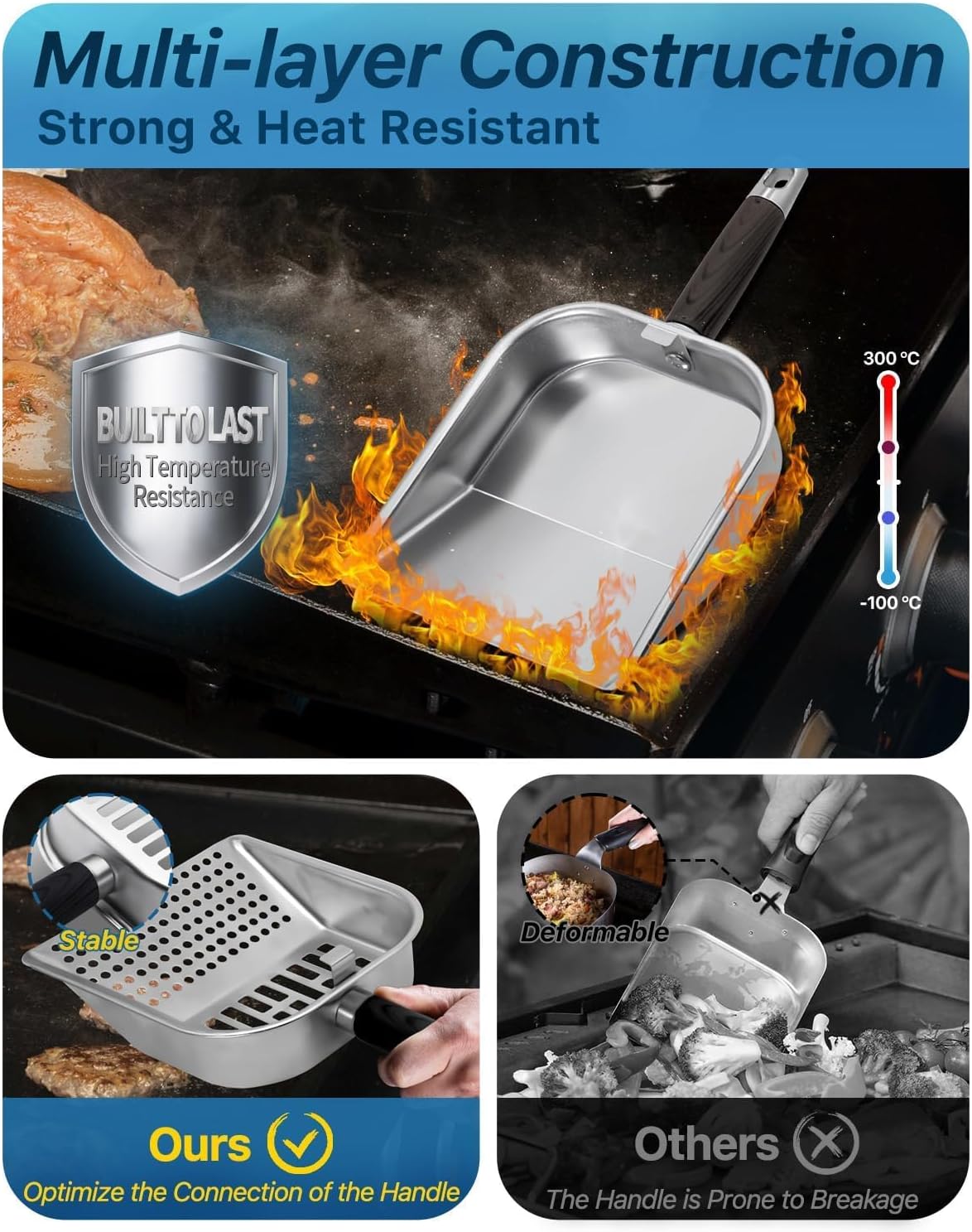 Griddle Scoop for Blackstone with a Any-Edge Hook, Stainless Steel Griddle Portable Food Mover for Stir Fry and Move Food, Classic & Sifting Grill Shovel, 4 Pack