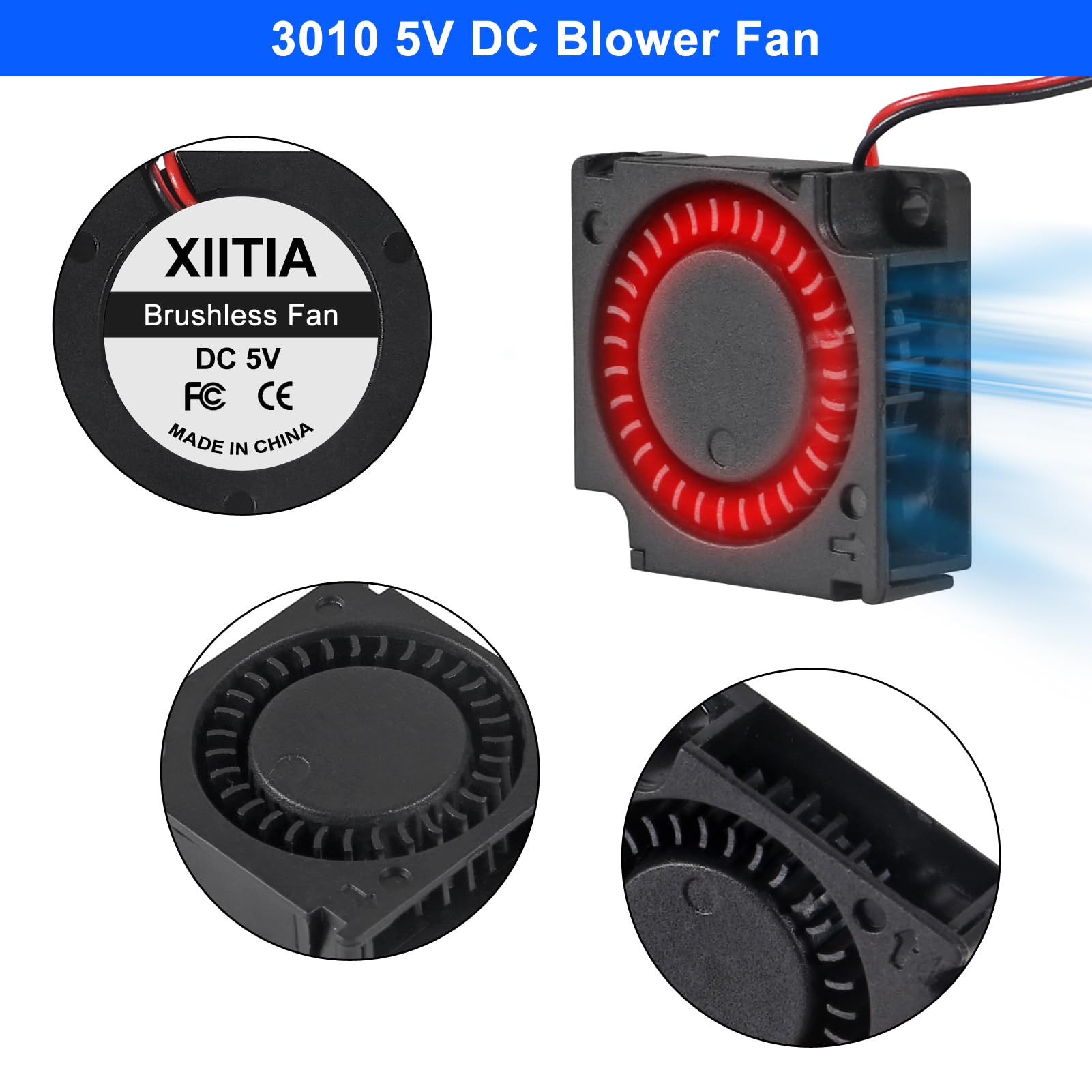 Zestaw 6 bezszczotkowych wentylatorów chłodzących 3010, 5 V, 30 x 30 x 10 mm DC z 2-pinowym zaciskiem do drukarki 3D