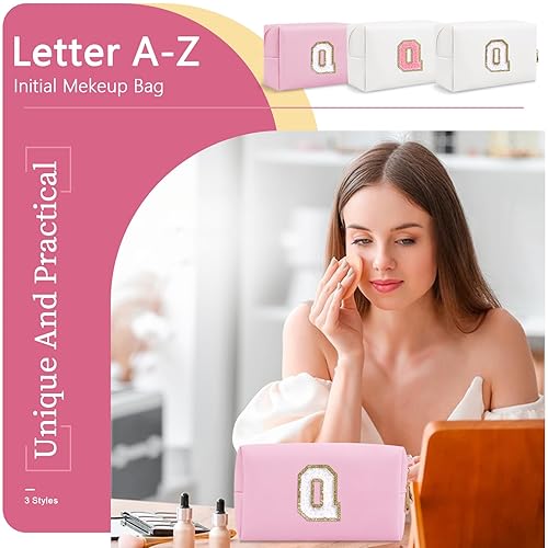 Miniatura 7 de Bolsa de maquillaje personalizada con inicial A-Z, pequeña bolsa de cosméticos de chenilla de poliuretano con cremallera, bolsa organizadora de