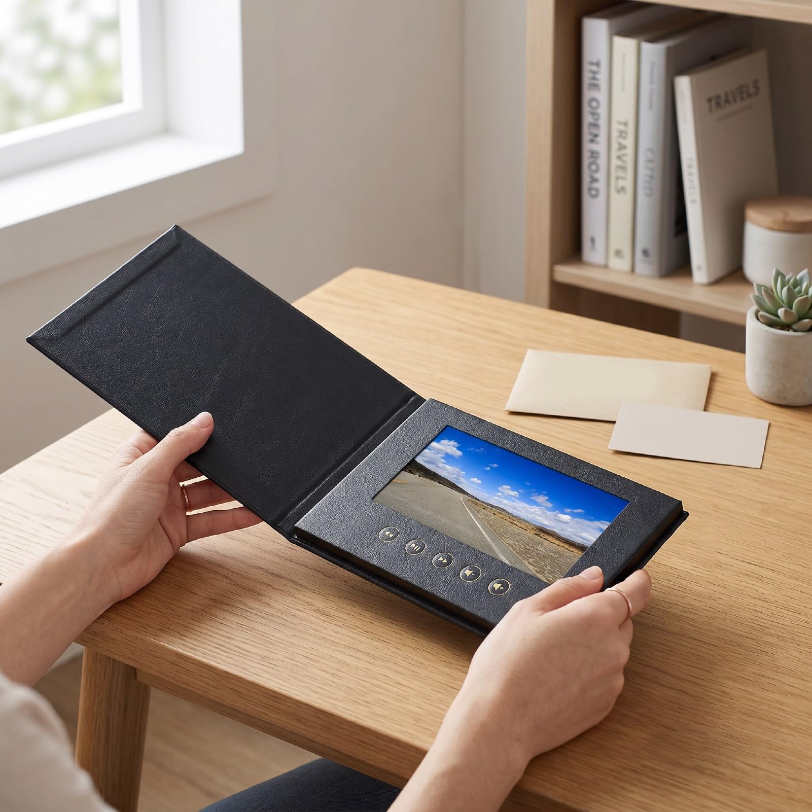 Jiawu 7-Zoll-Digital-Video-Grußkarte, Farbenfrohe Elektronische Broschüre mit Tragbarem Display für Hochzeiten und Geschäftsaktionen, PU-Material