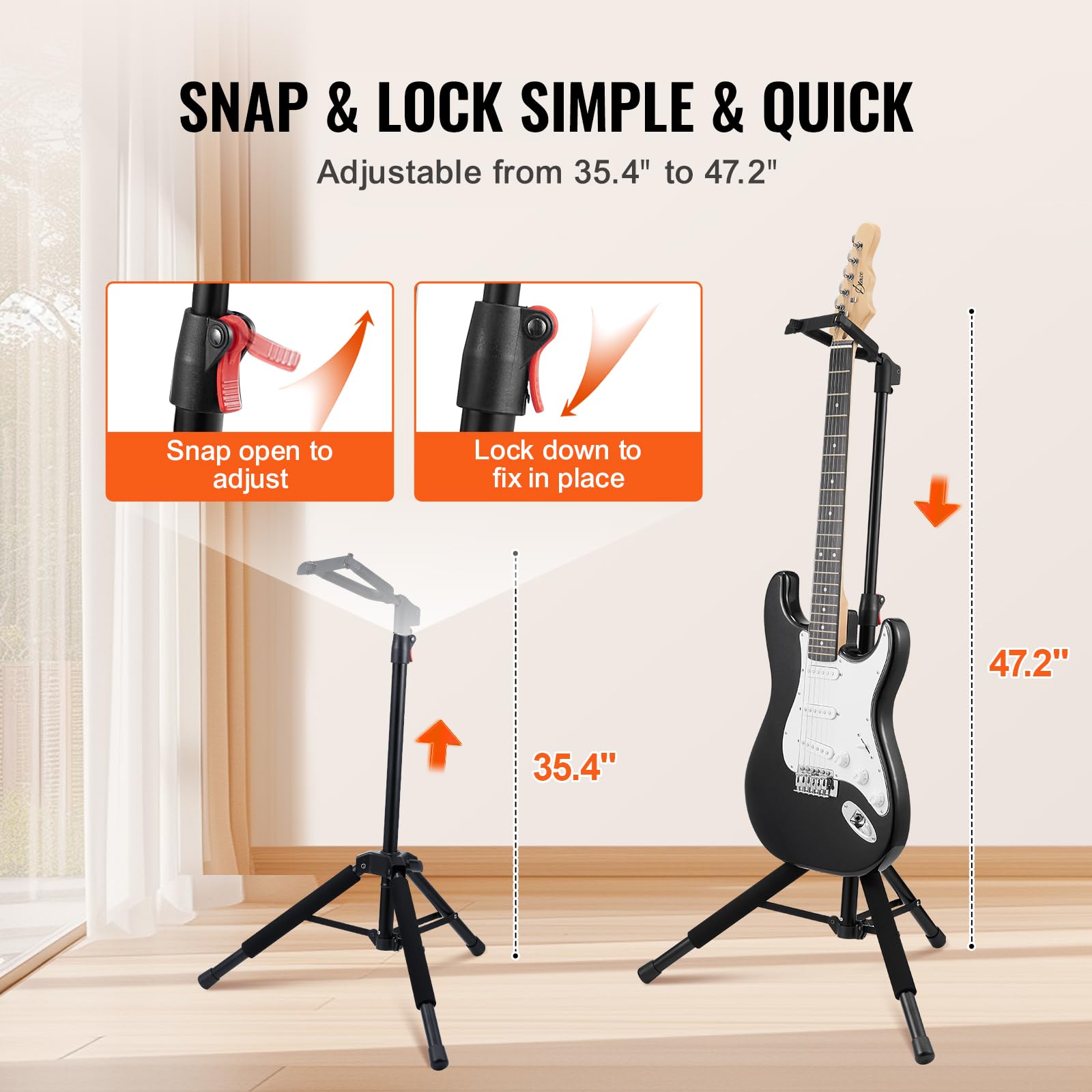 VEVOR Dreibein-Gitarrenständer, 15 kg Tragfähigkeit, zusammenklappbares Gitarrenstativ, höhenverstellbar von 900 bis 1200 mm, für Gitarre, Akustik, Elektro, klassischer Bass, 600 x 450 x 1185 mm