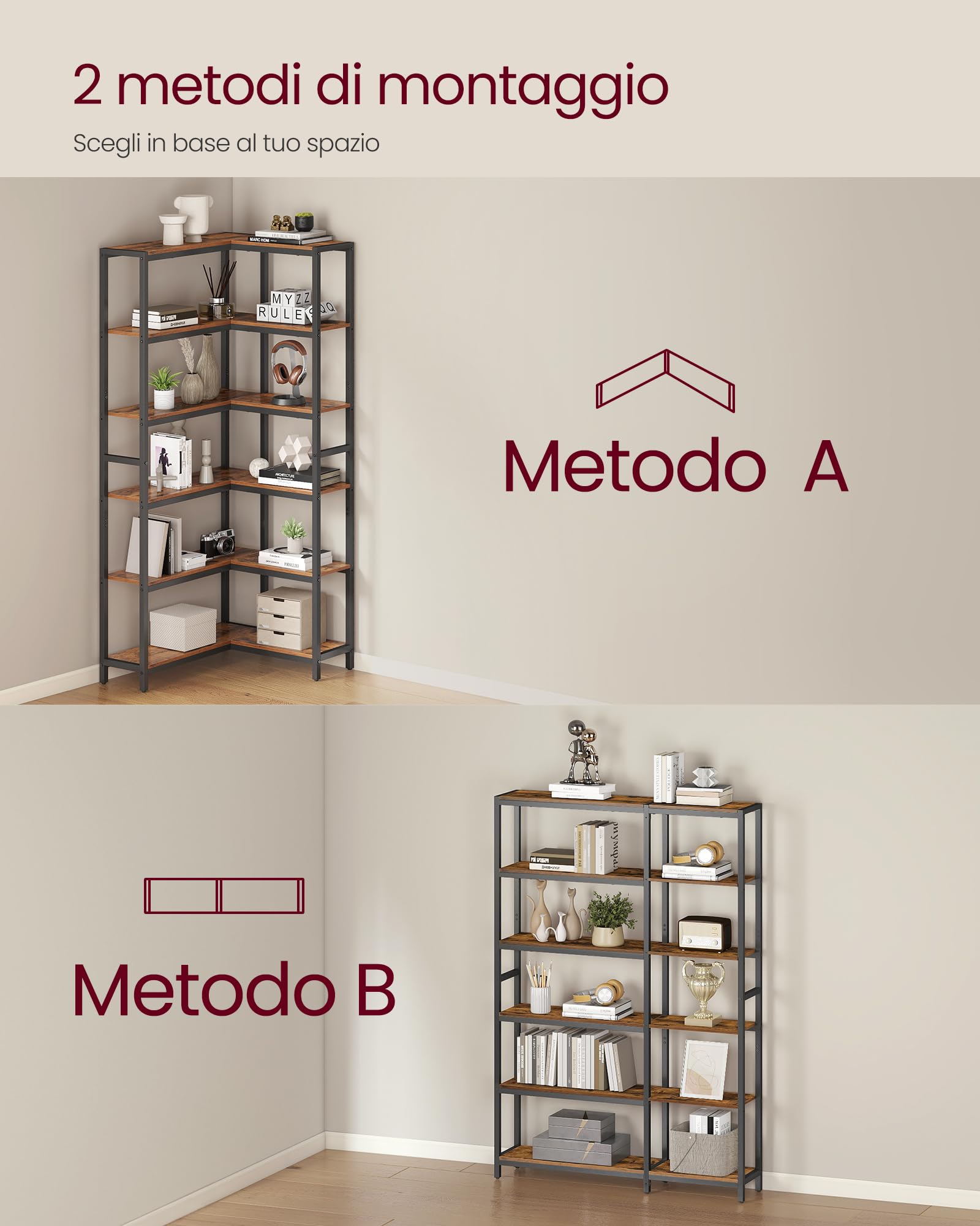 VASAGLE Libreria a 6 Ripiani, Scaffale Angolare, 24 x 102 x 175,2 cm, Libreria Angolare, Stile Moderno, per Soggiorno, Camera da Letto, Ufficio, Marrone Vintage e Nero Inchiostro LLS606K01