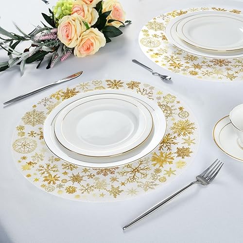 Miniatura 3 de Christmas Round Placemats Set of 6,Christmas Gold Snowflakes Round Table Mats 15 inch Non-Slip Washable Kitchen Dining Place Mats for Indoor Outdoor