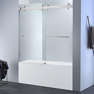 Twinglide VITRA-200 Frameless Bathtub Shower Door 56.5-59" Wide x 66" High 3/8" (10mm) Clear Tempered Glass (Brushed)