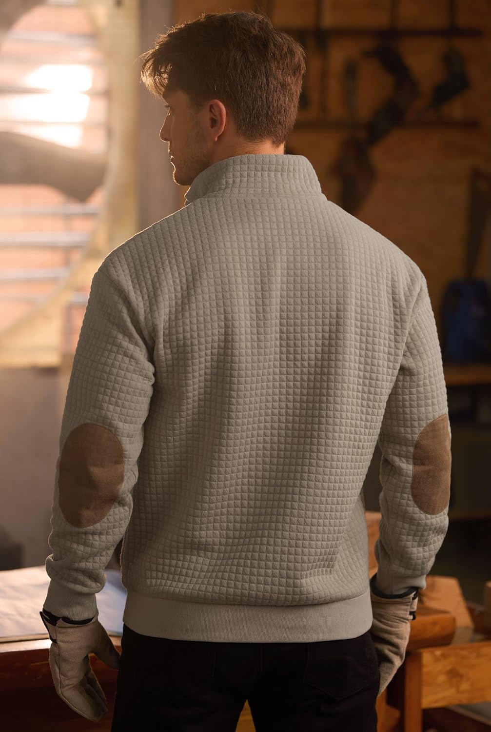 Men's Textured Sweatshirt Fleece Lined Thermal Elbow Patches Heavyweight Pullover - Image 9