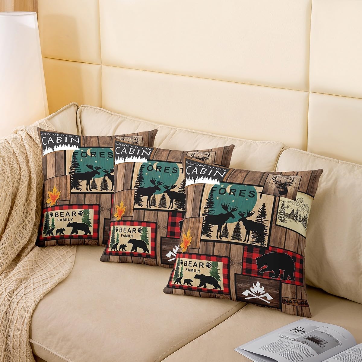 Pack of 4 Retro Cabin Throw Pillow Covers 16x16 Inch, Rustic Adventure Bear Deer Rug, Hunting Wild Animal Cushion Covers, Plaid Lodge Farmhouse Western Country Black Red Lattice Brown Cushion Cases