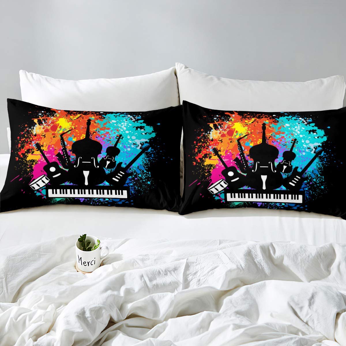 Set di biancheria da letto a tema musica rock e biancheria da letto per bambini ragazzi ragazze ragazzi colorati tie dye copripiumino pianoforte violoncello sassofono hip hop traspirante copriletto