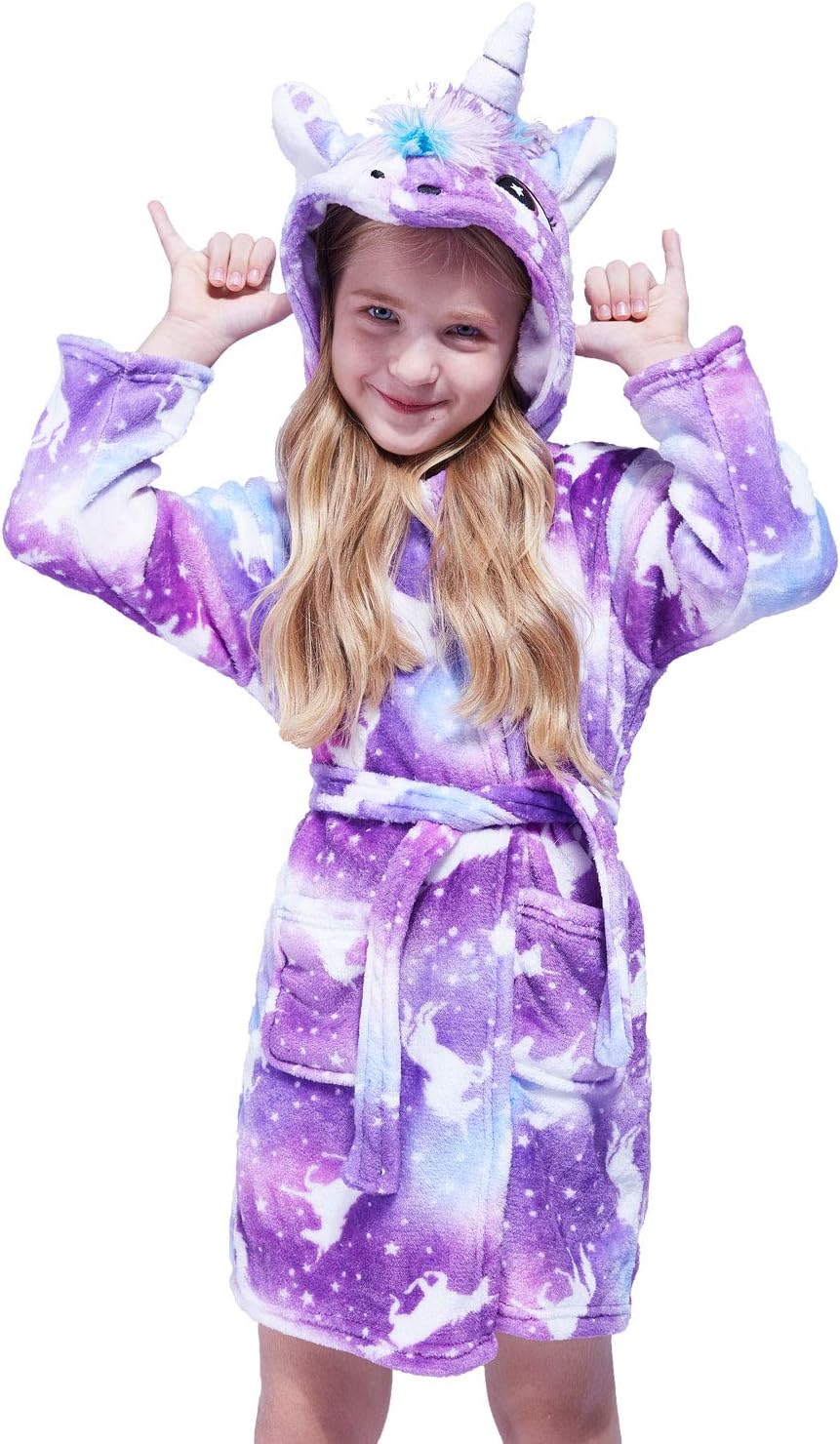 HyvtomSoft Girls Bathrobe, Hooded Flannel Robe Toddler Dressing Gown Sleepwear 4T -18 Years