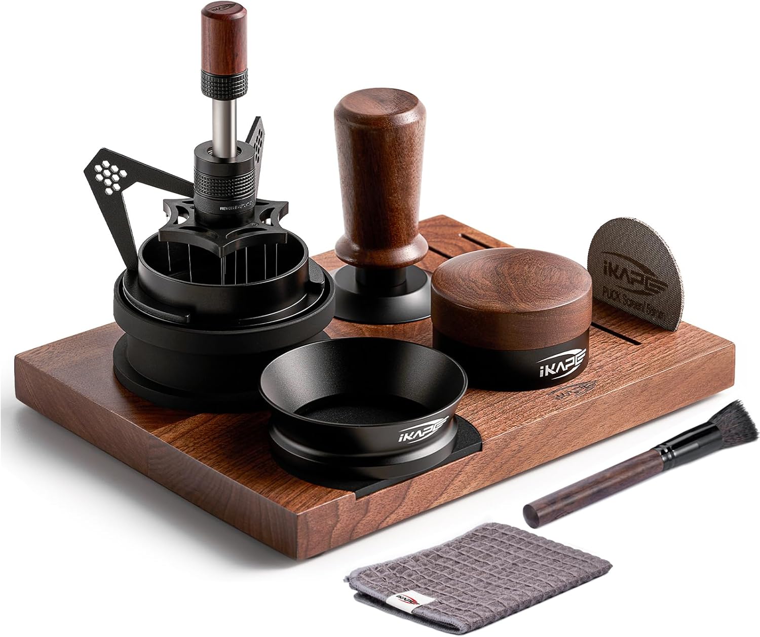 IKAPE 58MM Coffee Tamper Set 5 IN 1, Walnut Wood Espresso Tamper, Espresso Distributor, Tamper Base, Puck Screen, Cleaning Towel Set, Perfect for Everyday Use, Stylish, Functional Coffee Accessories