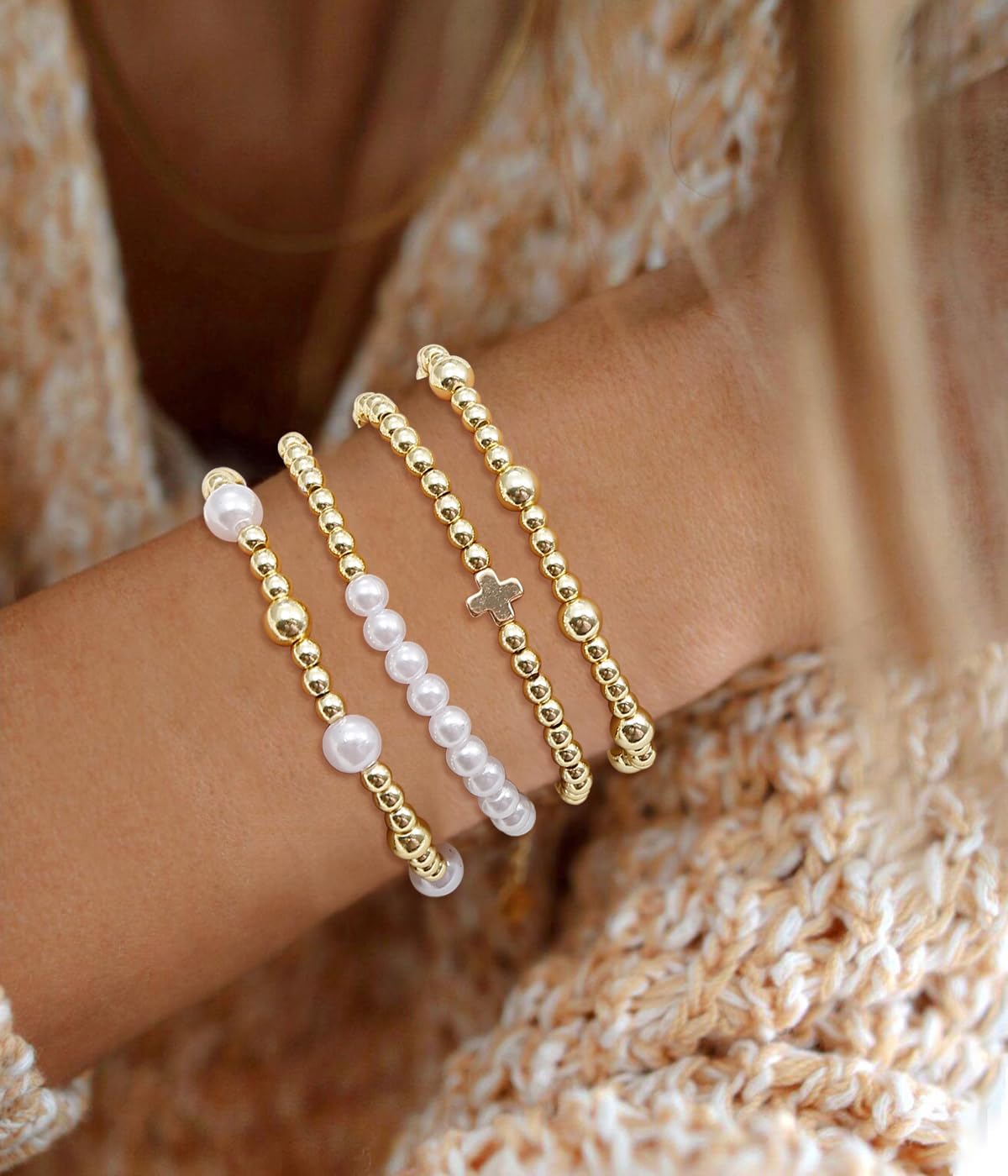 BOMAIL Gold Beaded Bracelets for Women Trendy Non Tarnish Gold Bracelet Stack 14K Gold Plated Pearl Bead Bracelets Cross Bracelets Set Stackable Stretch Beads Bracelet - Image 4
