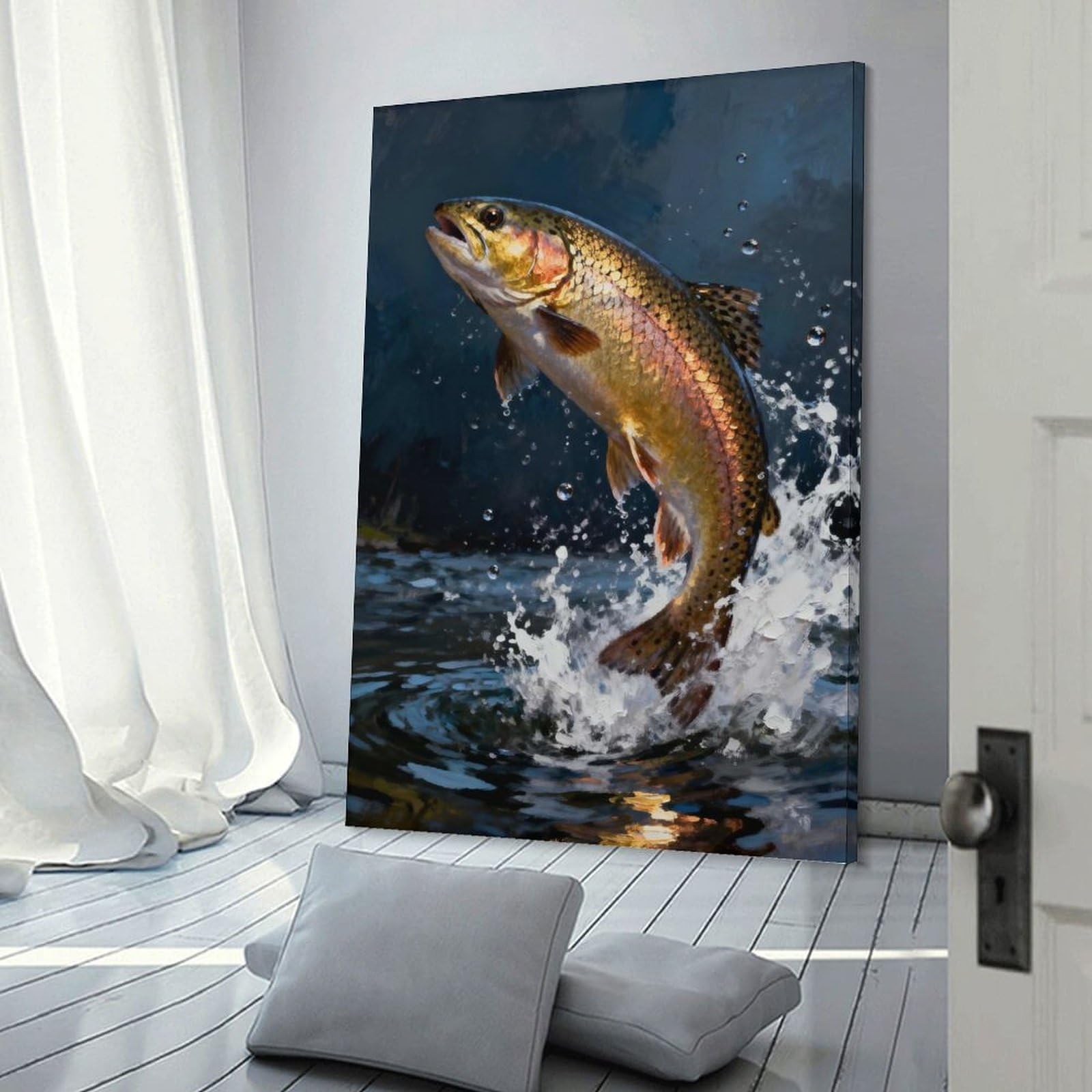 Junmoney Decorative Canvas Print Leaping Trout Painting, 08x12inch(20x30cm), for New Homes, Bedrooms Or Workspaces, Thoughtful Wall Decor for Art Lovers