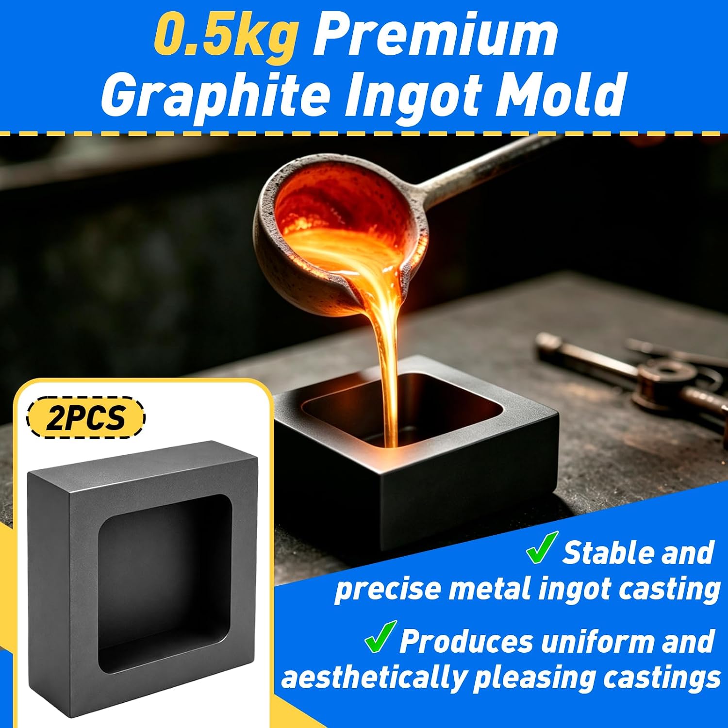 2PCS 0.5kg Premium Graphite Ingot Mold for Metal Casting, Graphite Ingot Mold with High-Purity Materia for Casting Gold, Silver, Aluminum, Copper, Brass, Withstand Extreme Temperatures 1800°C/3272°F