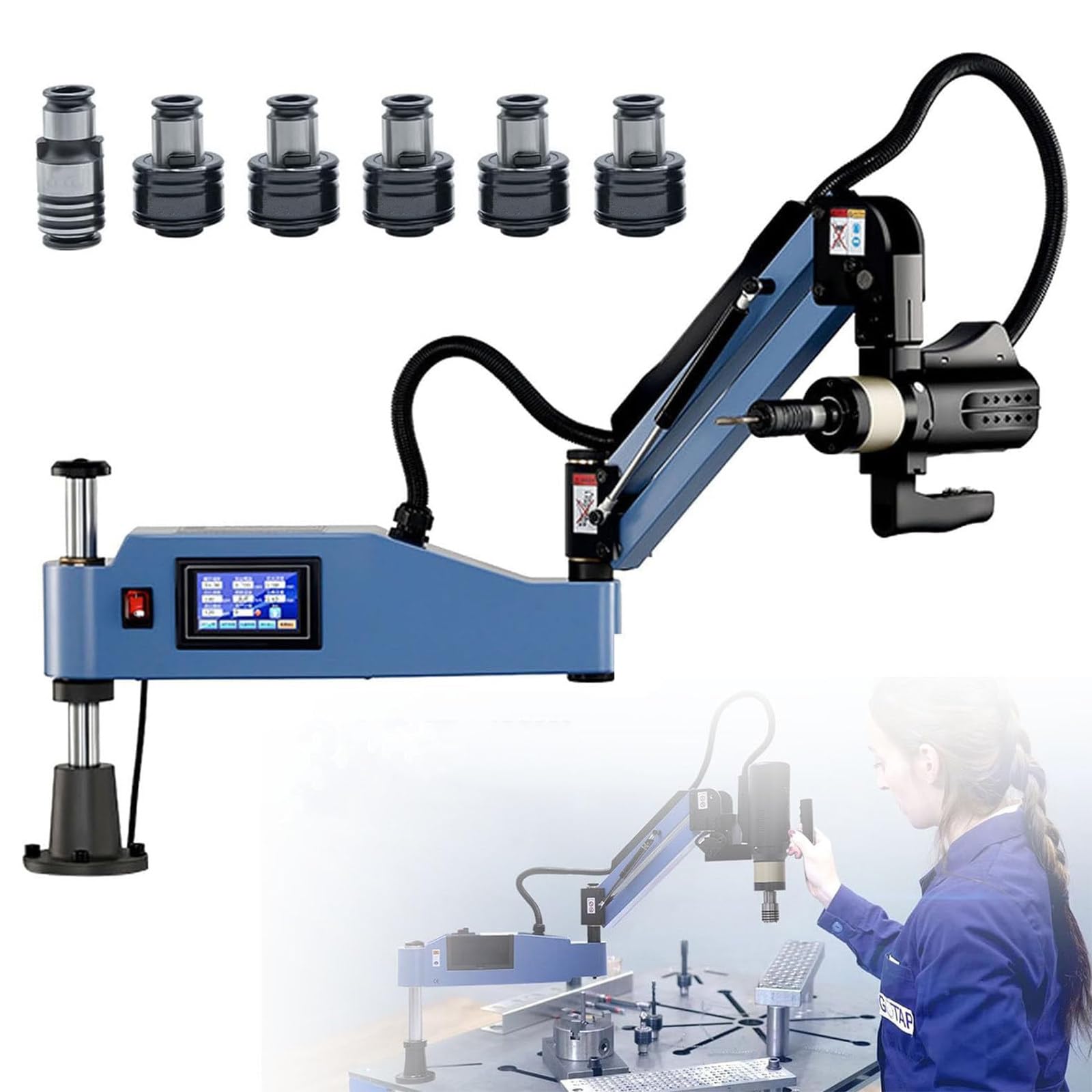 Elektrische Gewindeschneidmaschine, 220 V kleines Desktop-Einfädelwerkzeug mit 360° Universalarm und 6-9 Spannzangen, 1000 mm flexible Reichweite für Maschinen- und Formenbau