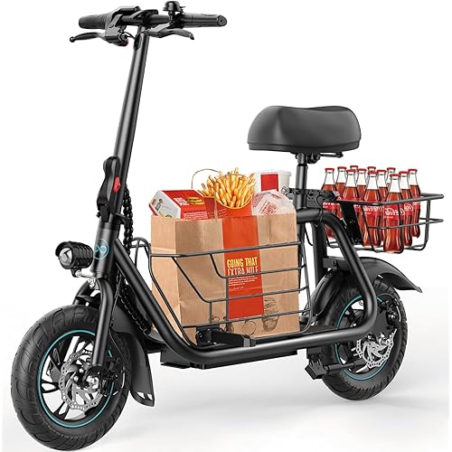 Electric Scooter with Seat, 550W Motor, 18.6MPH Top Speed, 20 Miles Range, Adults E-Scooter with Large Storage Basket for Pets Dogs and Items C1S-PLG