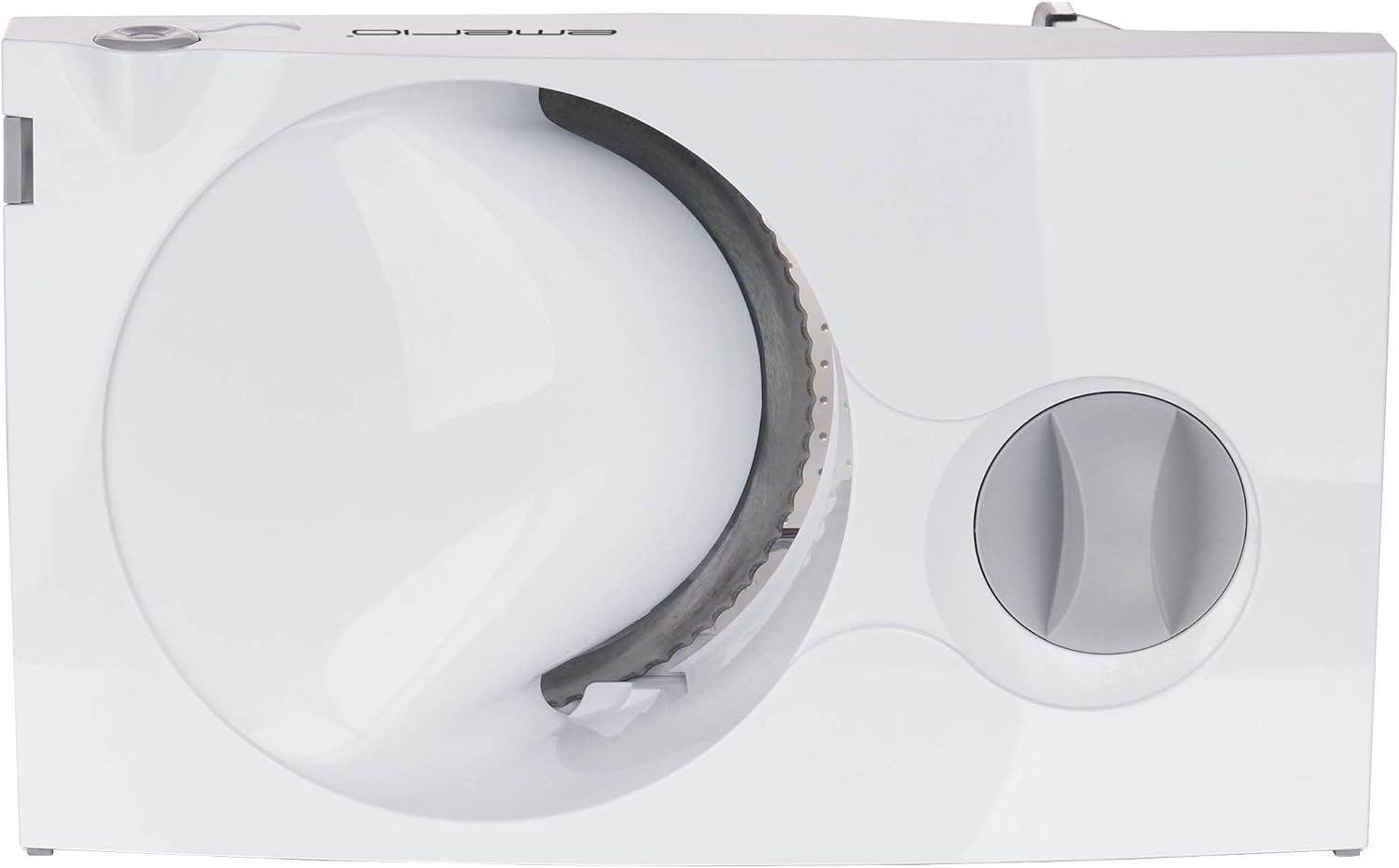 Emerio MS-125000 All-Purpose Slicer with food items like tomatoes and cold cuts on a plate next to it.