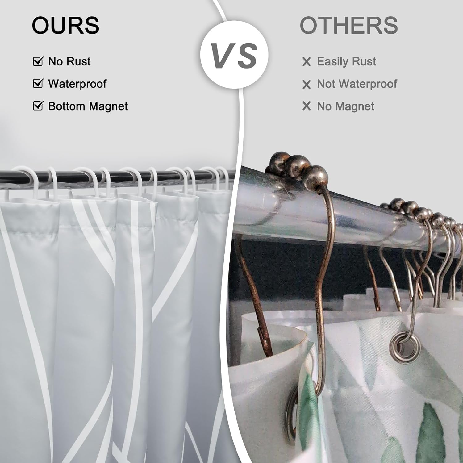 Punkray Ombre Grey Shower Curtain for Bathroom with Hooks, White Shower Curtain Set, Stripe Bath Curtains Decorative Shower Curtains Water Repellent Washable, 72 x 72