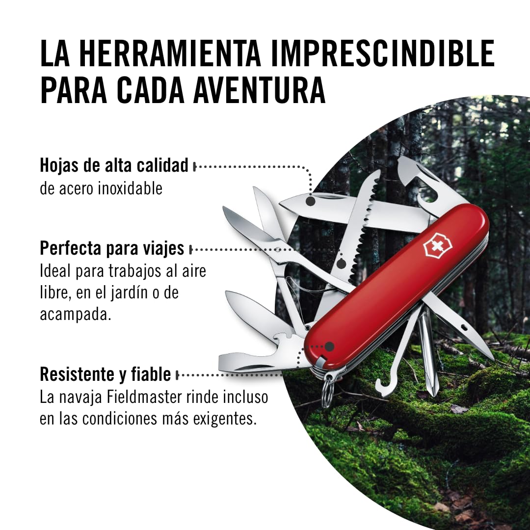 Victorinox Navaja suiza de bolsillo Fieldmaster, 15 funciones, Hecha en Suiza, multiherramienta con gancho multiusos, abrelatas, tijeras, rojo