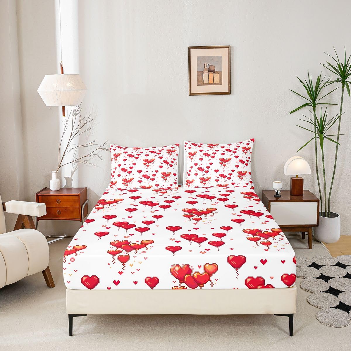 Homewish Pikselowa miłość serce prześcieradło King Girl śliczne czerwone balony prześcieradła retro romantyczne serca zestaw pościeli dla dzieci chłopców dziewcząt, estetyczna grafika narzuta na łóżko