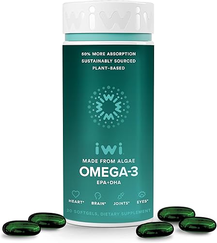 iwi Omega 3 apoya un corazón saludable, desarrollo cerebral, huesos y articulaciones fuertes y salud ocular. Algas veganas Omega 3, 6, 7, 9 y EPA +