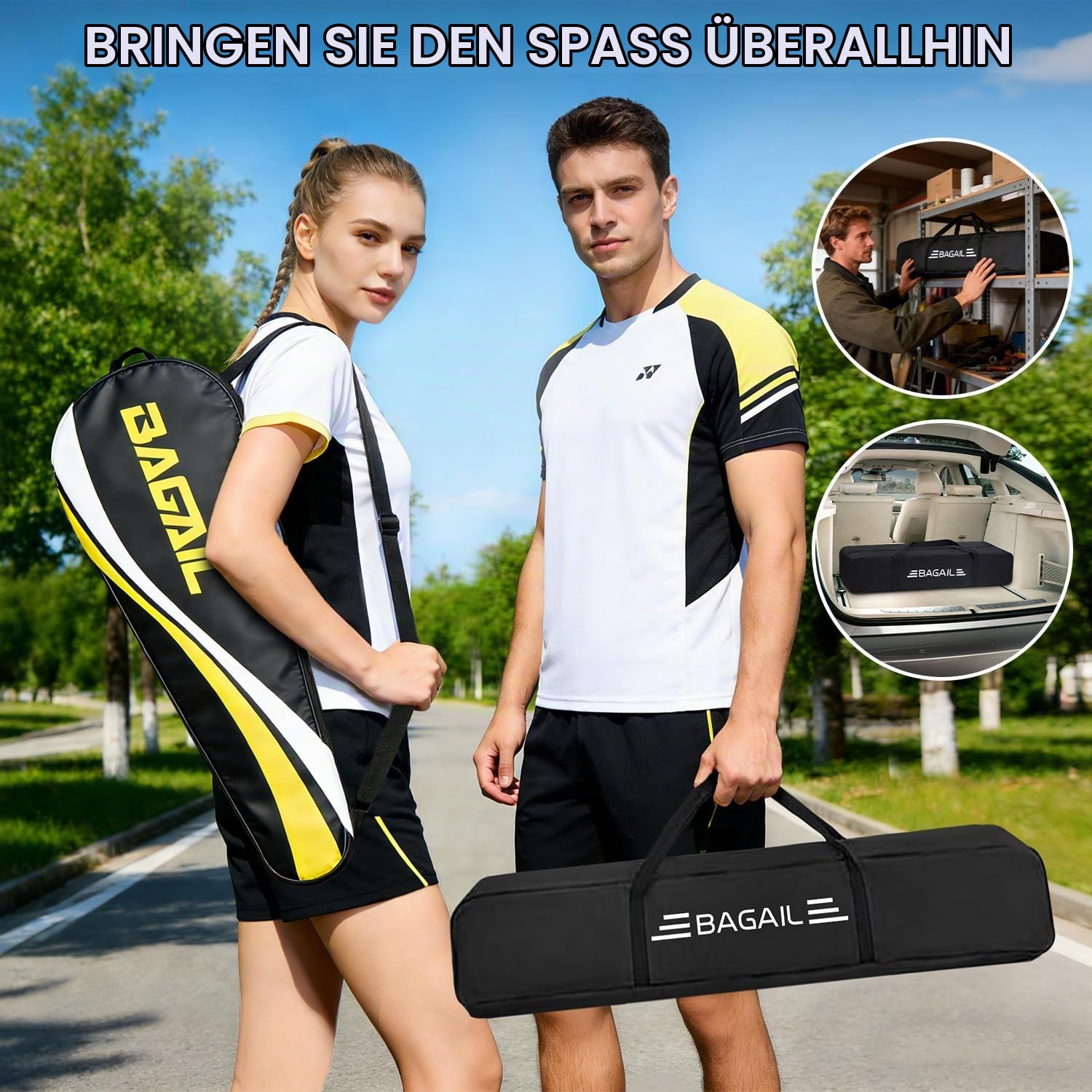 BAGAIL Sportnetz mit Pickleball- und Badminton-Sets, 5.2m | höhenverstellbares Netzsystem, tragbare Transporttasche, Aufbau ohne Werkzeug, ideal für Volleyball, Pickleball und Tennis