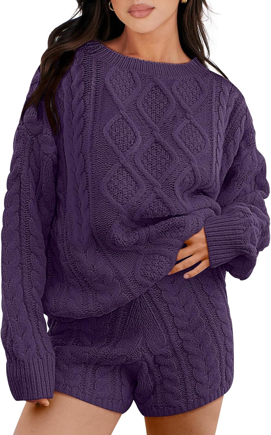 ANRABESS Women 2 Piece Outfits Sweater Lounge Loungewear Sets 2025 Fall Cable Knit Oversized Sweaters Shorts Matching Sets