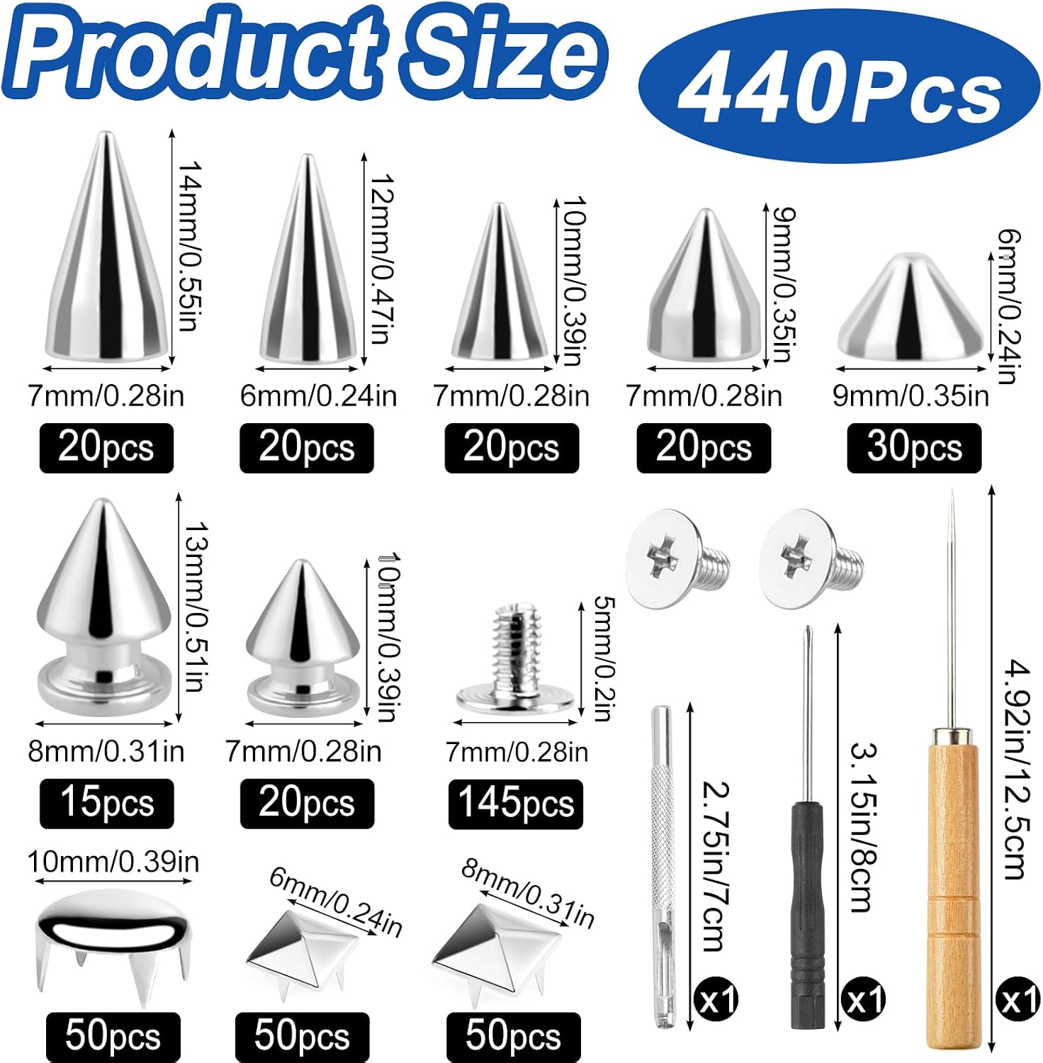 NEBURORA 440Pcs Punk Spikes and Studs Kit for Clothing,Metal Leather Rivets Square Pyramid Dome Rivets DIY Punk Style Clothing Shoes Jacket Collar