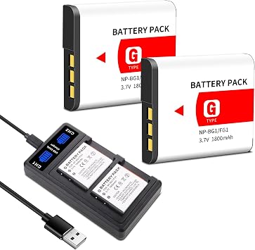 عبوة من بطاريتين بديلتين NP-BG1 NP-FG1 BG1 بسعة 1800 مللي أمبير وشاحن مزدوج LED لكاميرا Sony Cyber-Shot DSC W130 W210 W220 W230 W275 W290 W300 H10 H50 H70 W290 HX7 HX10 HX30 WX10 H55 HX9 T20