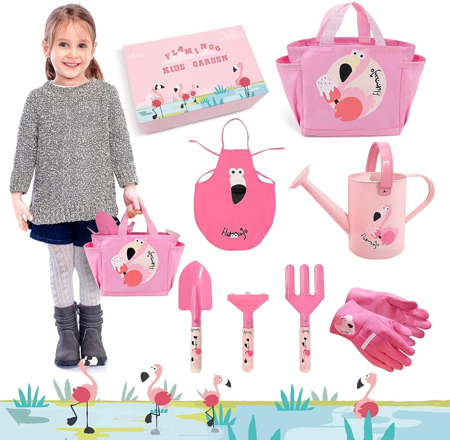 Hortem Kids Gardening Tools Set: 7 PCS Kids Gardening Toys Include Hand Tools, Garden Glove, Apron and Watering Can -Tots' Gifts (Pink)