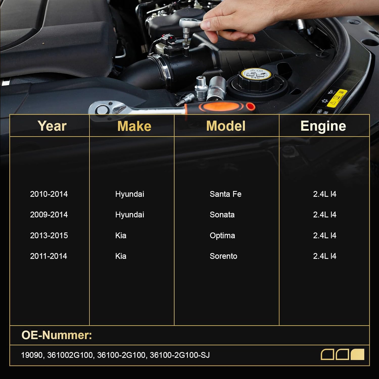 Starter for Hyundai Santa Fe, Sonata; Kia Optima, Sorento; 2009-2015 2.4L L4 - Starter Motor with 11 Tooth - 1KW 12V CW Rotation - Replacement OE 19090