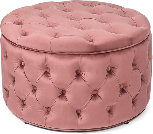 Miniatura 21 de Joveco Otomana redonda de almacenamiento, otomana tapizada con botones y parte superior extraíble, banco de almacenamiento, mesa auxiliar, Negro,