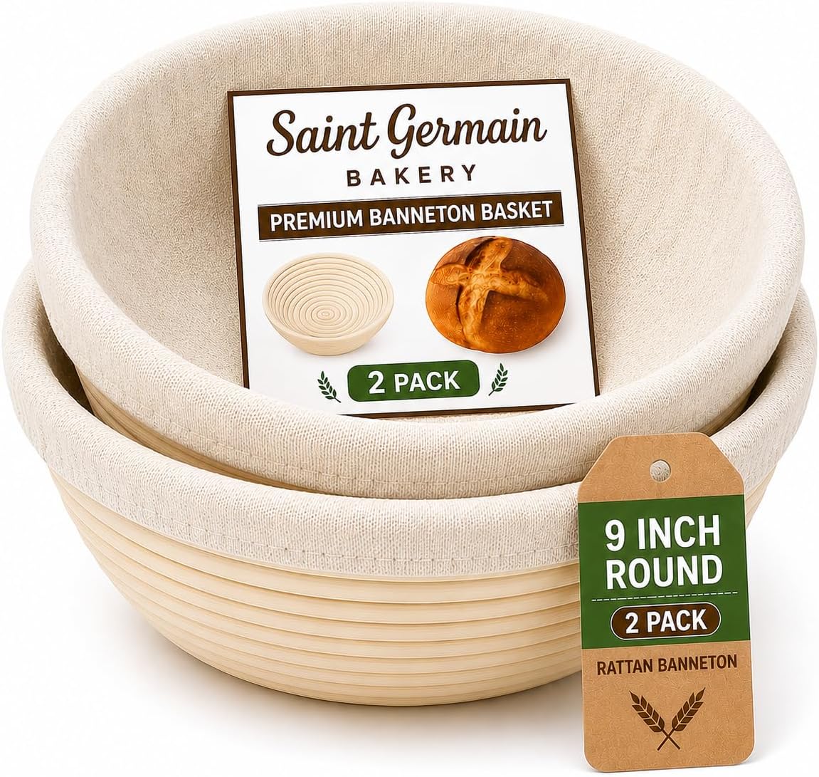 Saint Germain Bakery Premium Round Bread Banneton Basket with Liner (Set of 2 9" Round Baskets)