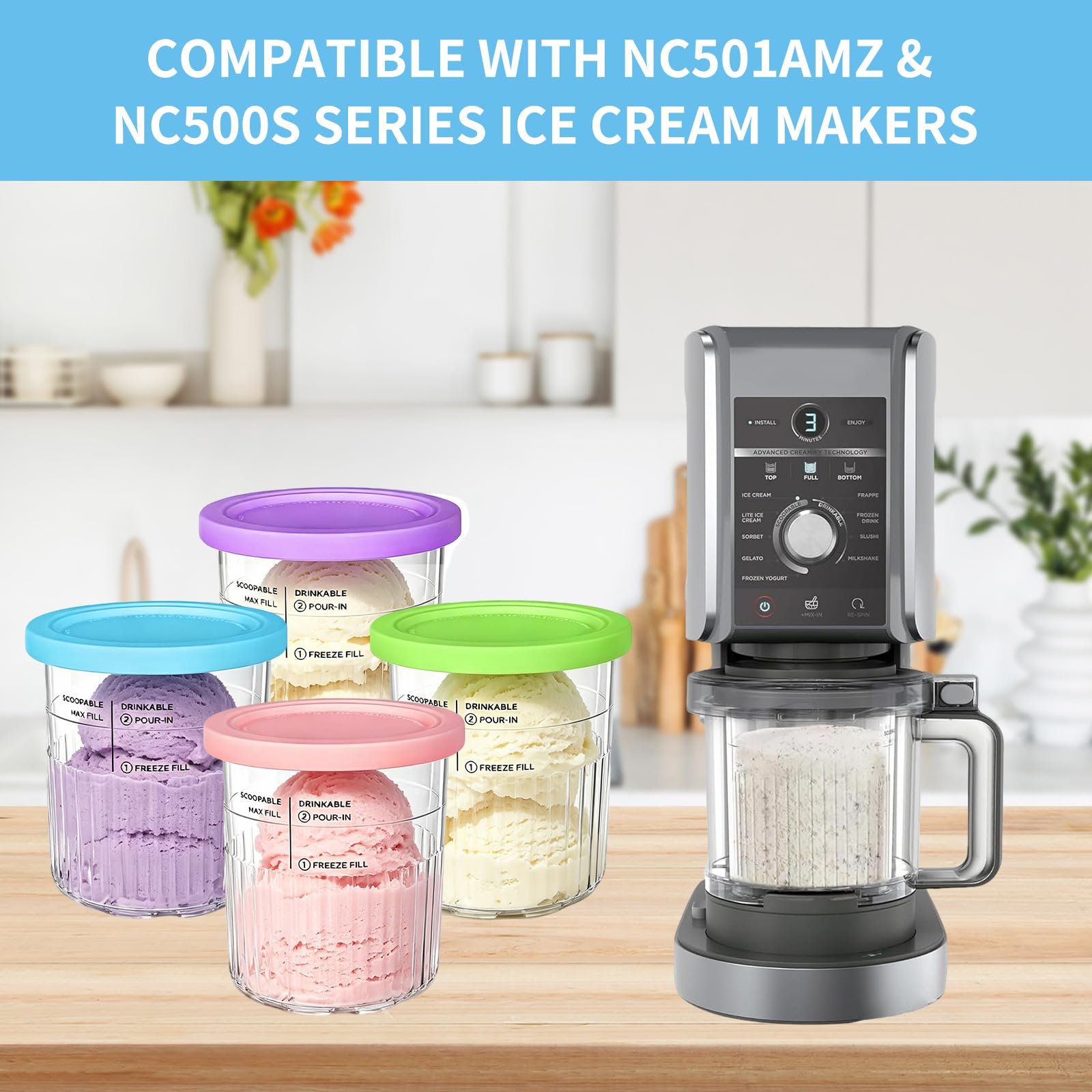 Recipiente para Helados,4 Piezas Accesorios para Recipiente para Hacer Helados 680ML,Recipiente Creami para Máquina de Helado Ninja Creami,para la Serie NC501 NC500,Sin BPA