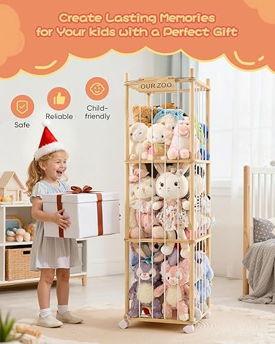 Miniatura 2 de Organizador de almacenamiento de animales de peluche de madera, ahorro de espacio y capacidad extra grande, almacenamiento de zoológico de animales