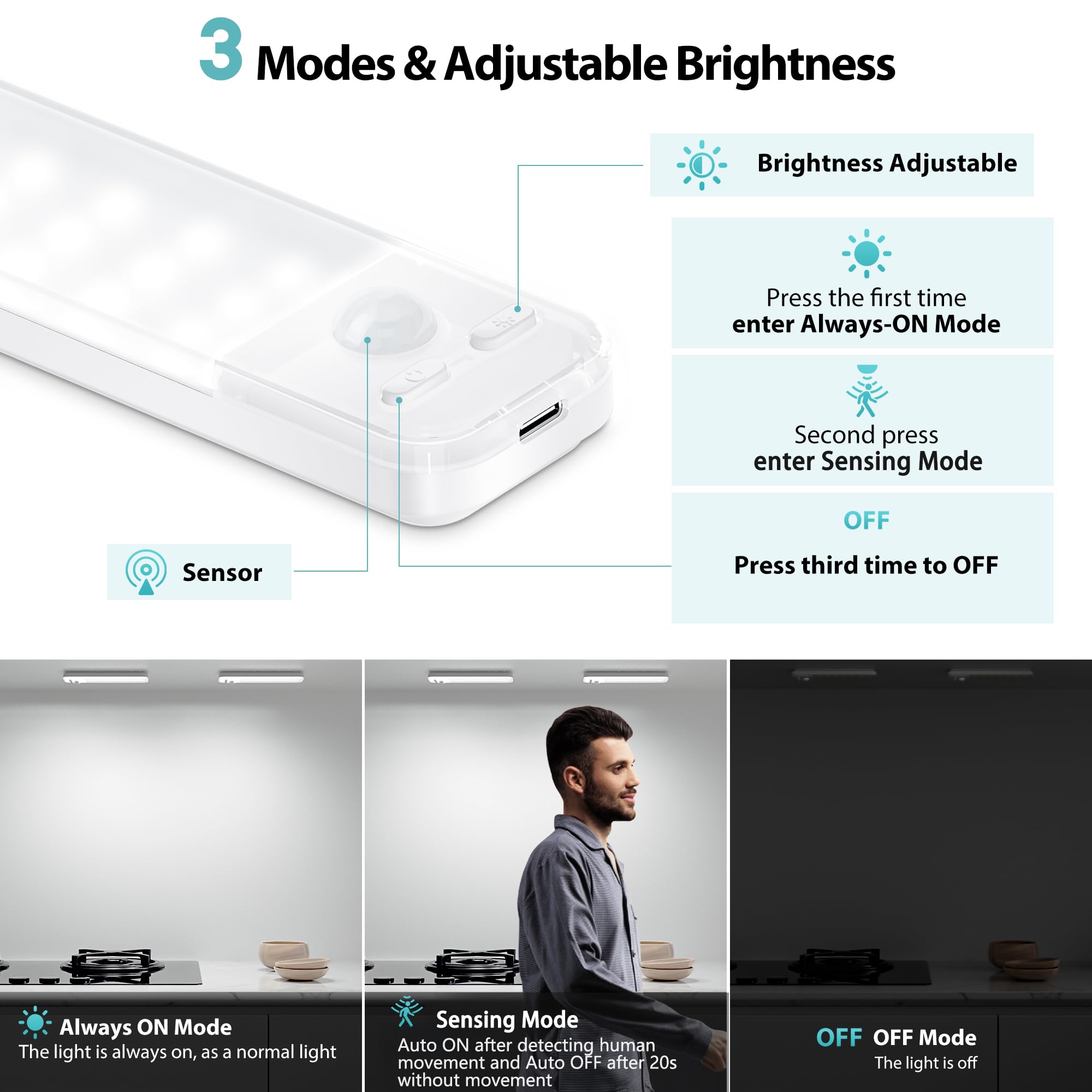 Luz de Armario, 3 Piezas 15CM Luz Nocturna con Sensor Movimiento, 6500K USB Recargable LED Armario para Gabinete, Cocina, Escalera, Pasillo, Sótano, Garaje - Blanco Frio