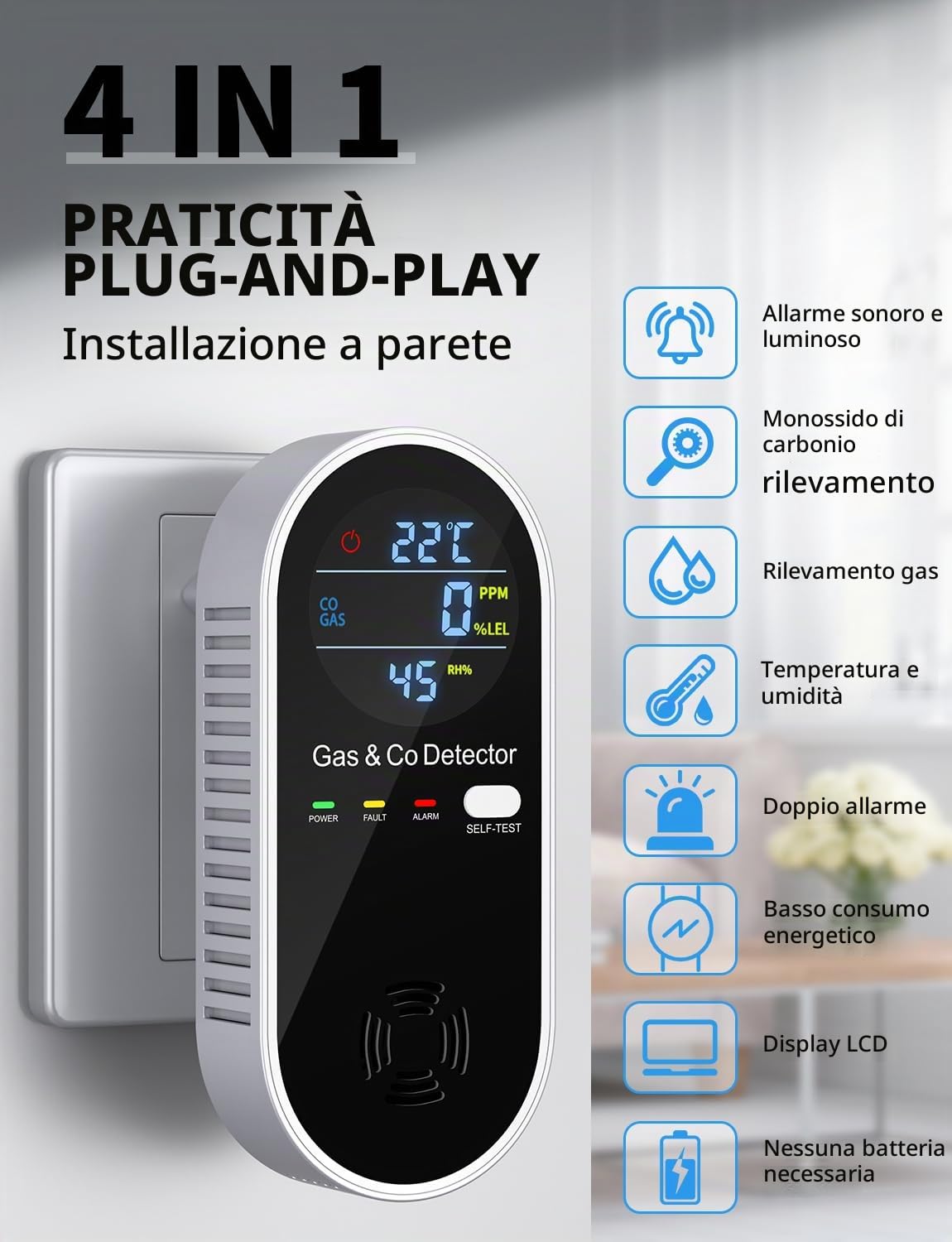 Rilevatore Monossido di Carbonio & Rilevatore Gas 4-in-1, Plug-and-Play senza danneggiare il muro, con allarme acustico e visivo – Per soggiorno, cucina, garage, fabbrica e cantiere – 4-in-1 – YEREADW