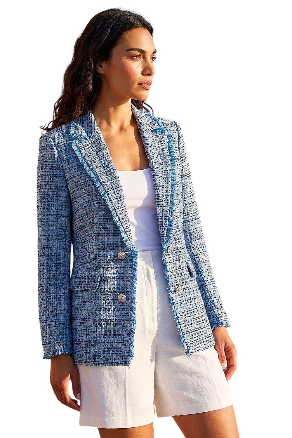Roman Women's Frayed Edge Boucle Check Jacket in Blue | Size: 14