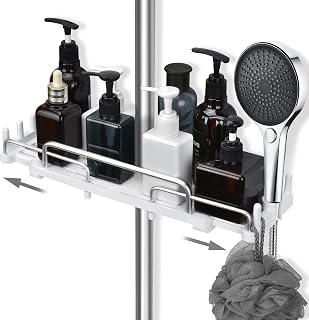 Duschablage Ohne Bohren Teleskopisch 32-48cm, Duschablage zum hängen Badezimmer Organizer, Duschregal Ohne Bohren, Duschstangen-Aufbewahrungsregal für 18 mm-25 mm Duschstange (Weiß)