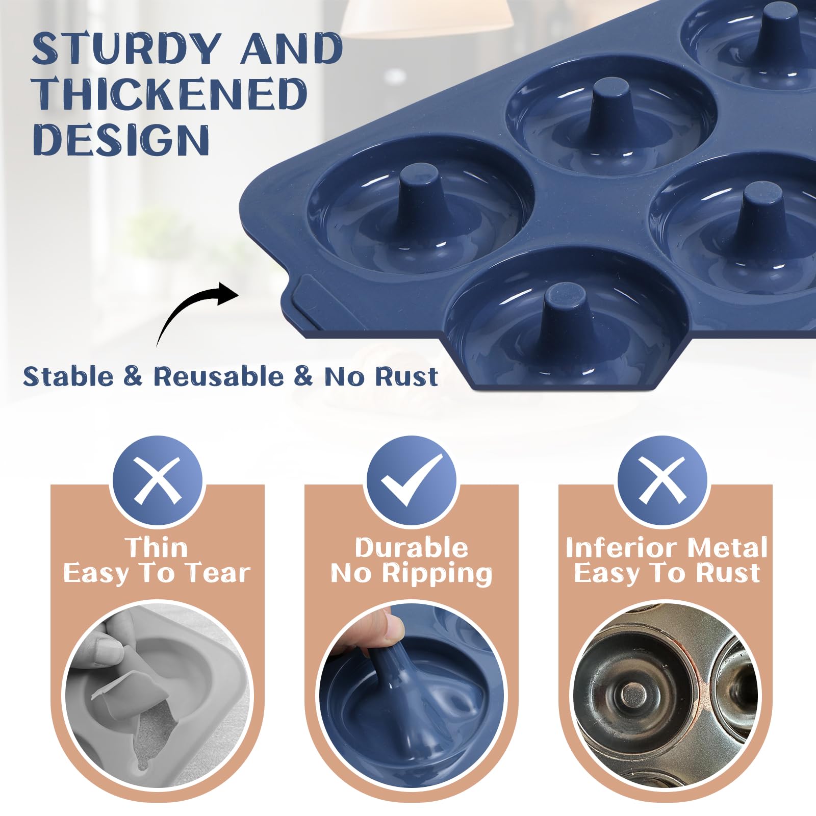 Molde de donas de silicona antiadherente: Sartén para donas de 3.5 pulgadas con marco de metal, moldes de silicona para hornear sin gluten glaseados de proteína vegana donas bagel - para horno 6