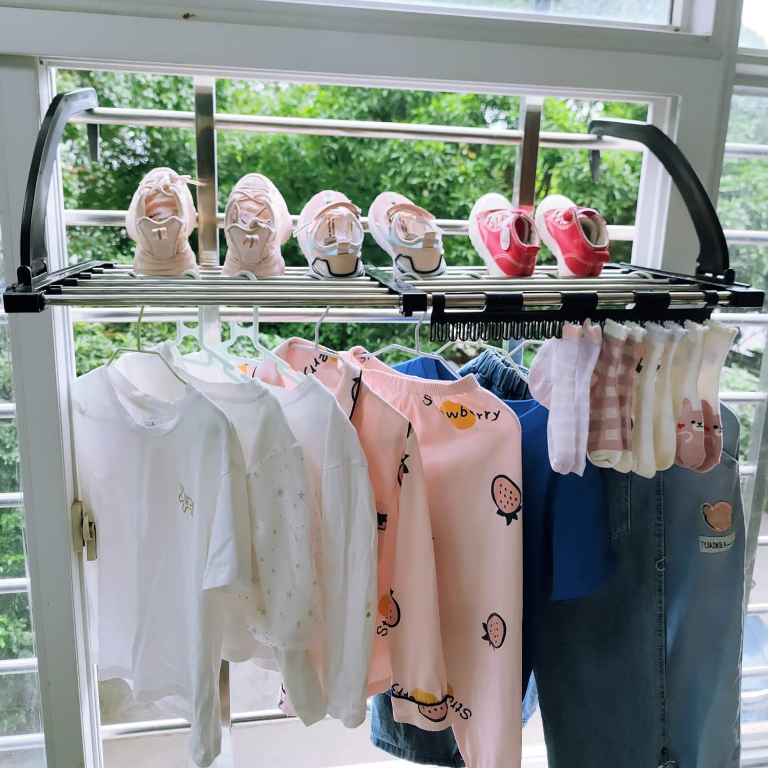 Portable Clothes Drying Rack for Balcony,Foldable Railings Windowsill, Retractable Radiator Clothes Airer,29"x13" Folding Towel Rack Indoor Outdoor Travel Laundry Rack with Clips (A-35"x13")