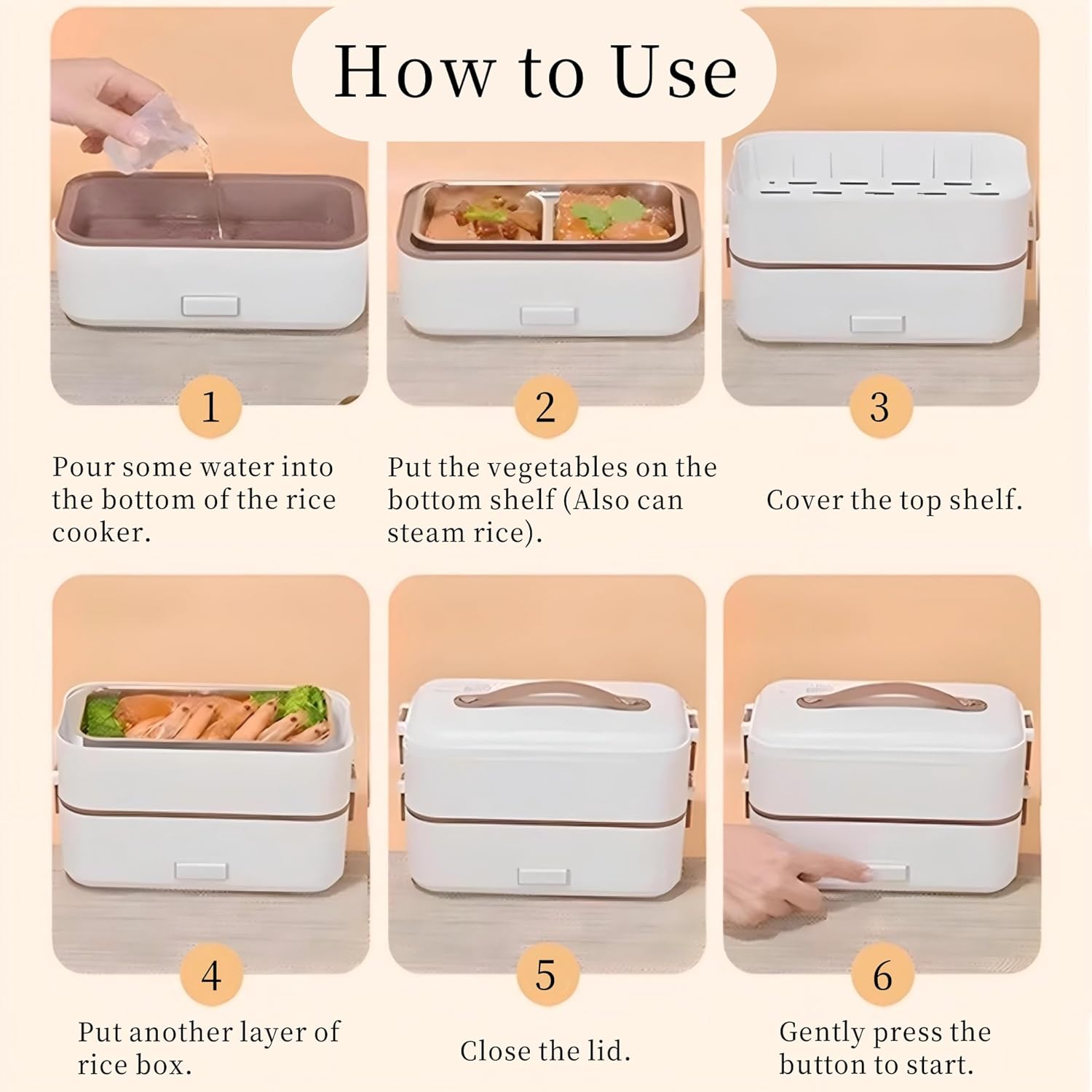 Zerodis Electric Lunch Box, 0.8L PP Stainless Steel Double Layer Food Warmer with Measuring Cup Portable Food Heater for Home Office Car